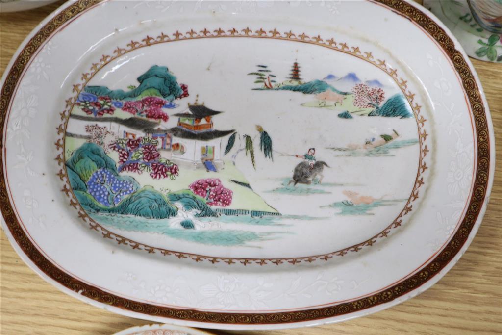 A group of mixed 18th and 19th century Chinese famille rose ceramics, some damage throughout